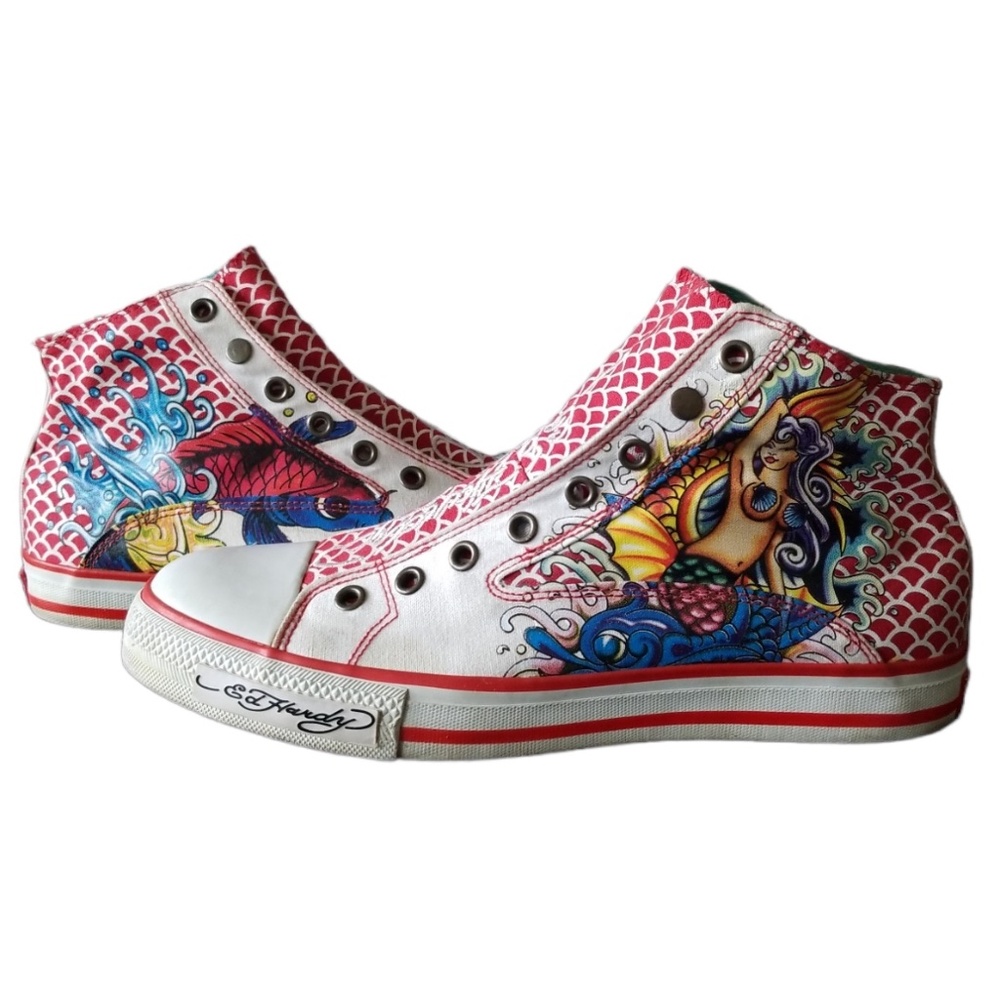 Ed Hardy Men's Rare Fish Mermaid Y2K Hi Top Sneaker Size: 7 Men/Size: 9 Women